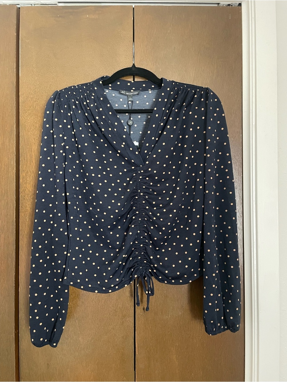 Adrianna Papell Navy Blouse with Cream Polka Dots